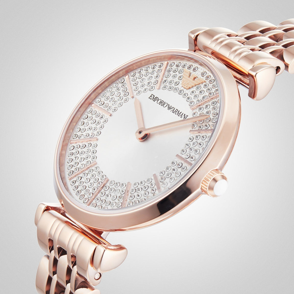 Emporio Armani Gianni T-Bar Crystals Silver Dial Rose Gold Steel Strap Watch For Women - AR11446