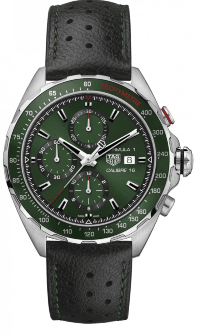  Shop Authentic Tag Heuer Formula 1 Calibre 16 Automatic Chronograph Green Dial Black Leather Strap Watch for Men - CAZ2016.FC6473 - Luxxuri