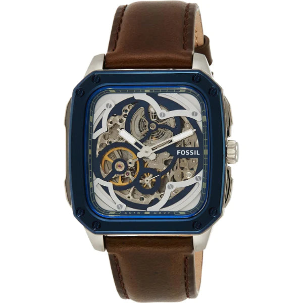  Shop Authentic Fossil Inscription Automatic Skeleton Blue Dial Brown Leather Strap Watch for Men - BQ2571 - Luxxuri