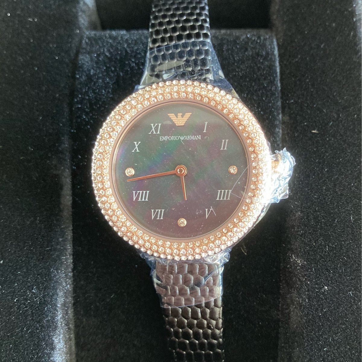  Shop Authentic Emporio Armani Aviator Crystals Mother of Pearl Black Dial Black Silicon Strap Watch For Women - AR11373 - Luxxuri