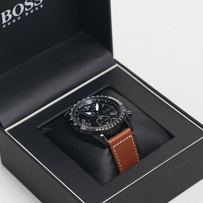 Hugo Boss Pilot Chronograph Black Dial Brown Leather Strap Watch for Men - 1513851