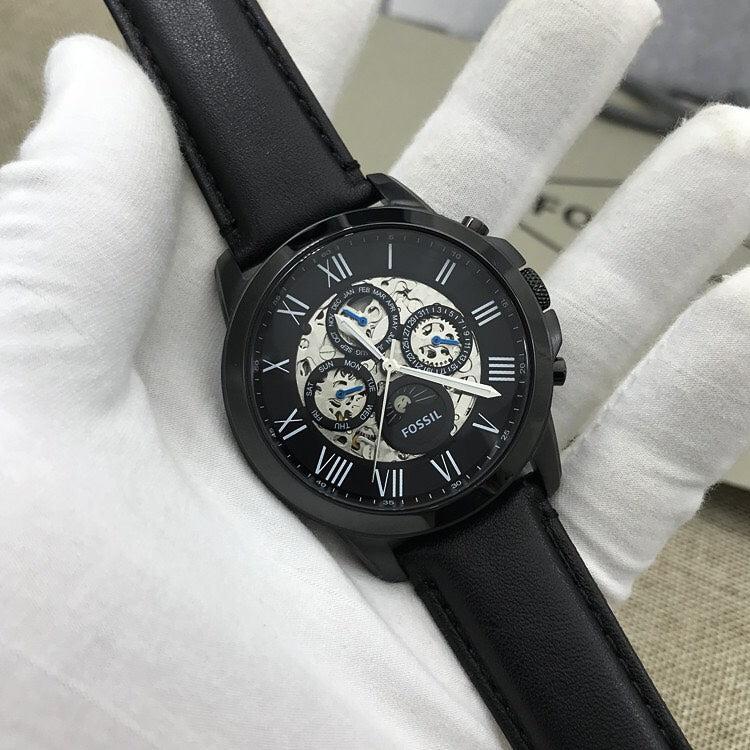 Fossil Grant Automatic Chronograph Black Dial Black Leather Strap Watch for Men - ME3028