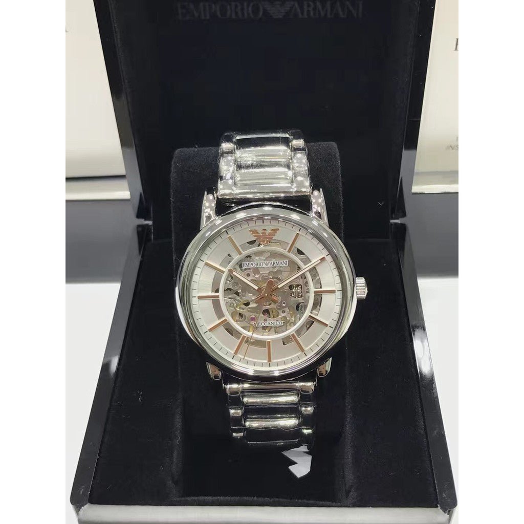  Shop Authentic Emporio Armani Meccanico Skeleton Silver Dial Silver Steel Strap Watch For Men - AR1980 - Luxxuri
