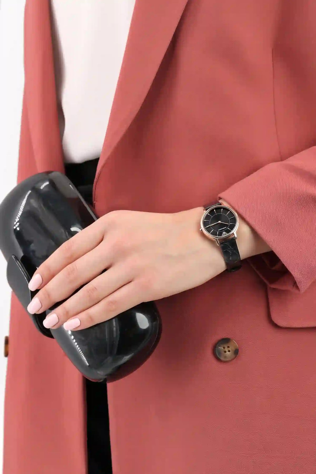  Shop Authentic Emporio Armani Kappa Quartz Black Dial Black Leather Strap Watch For Women - AR11064 - Luxxuri