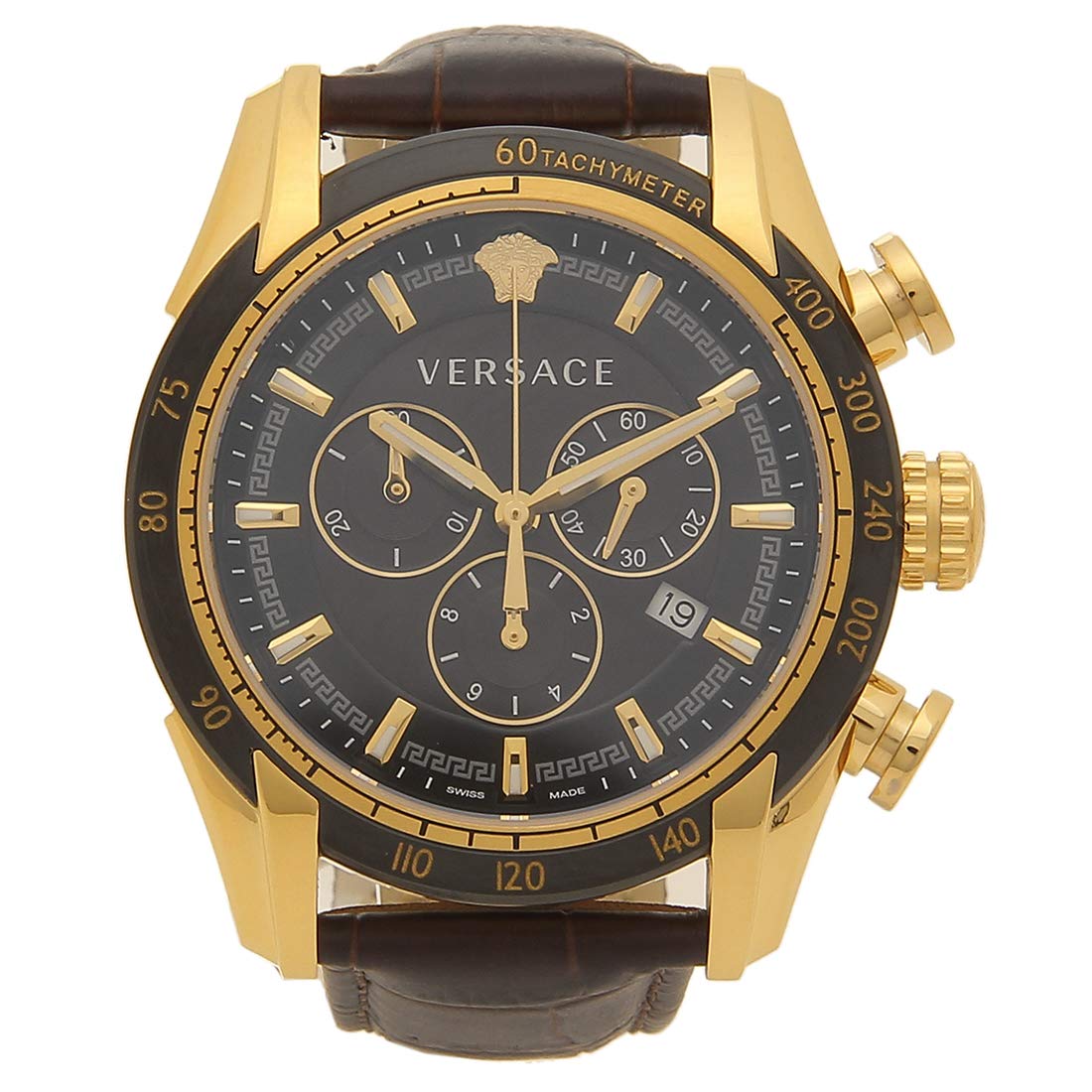 Versace V-Ray Chronograph Black Dial Brown Leather Strap Watch For Men - VEDB00318