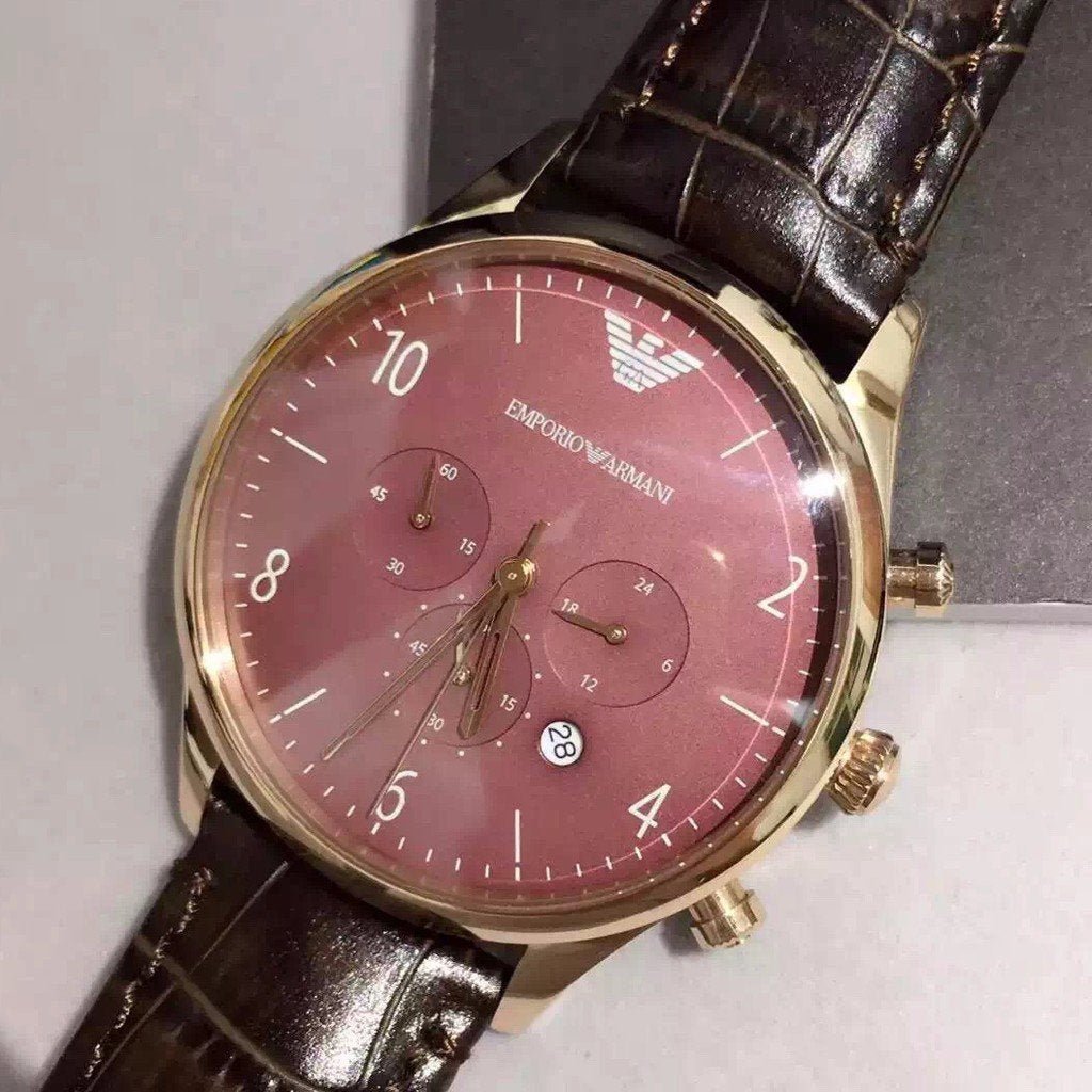  Shop Authentic Emporio Armani Classic Chronograph Burgundy Dial Brown Leather Strap Watch For Men - AR1890 - Luxxuri