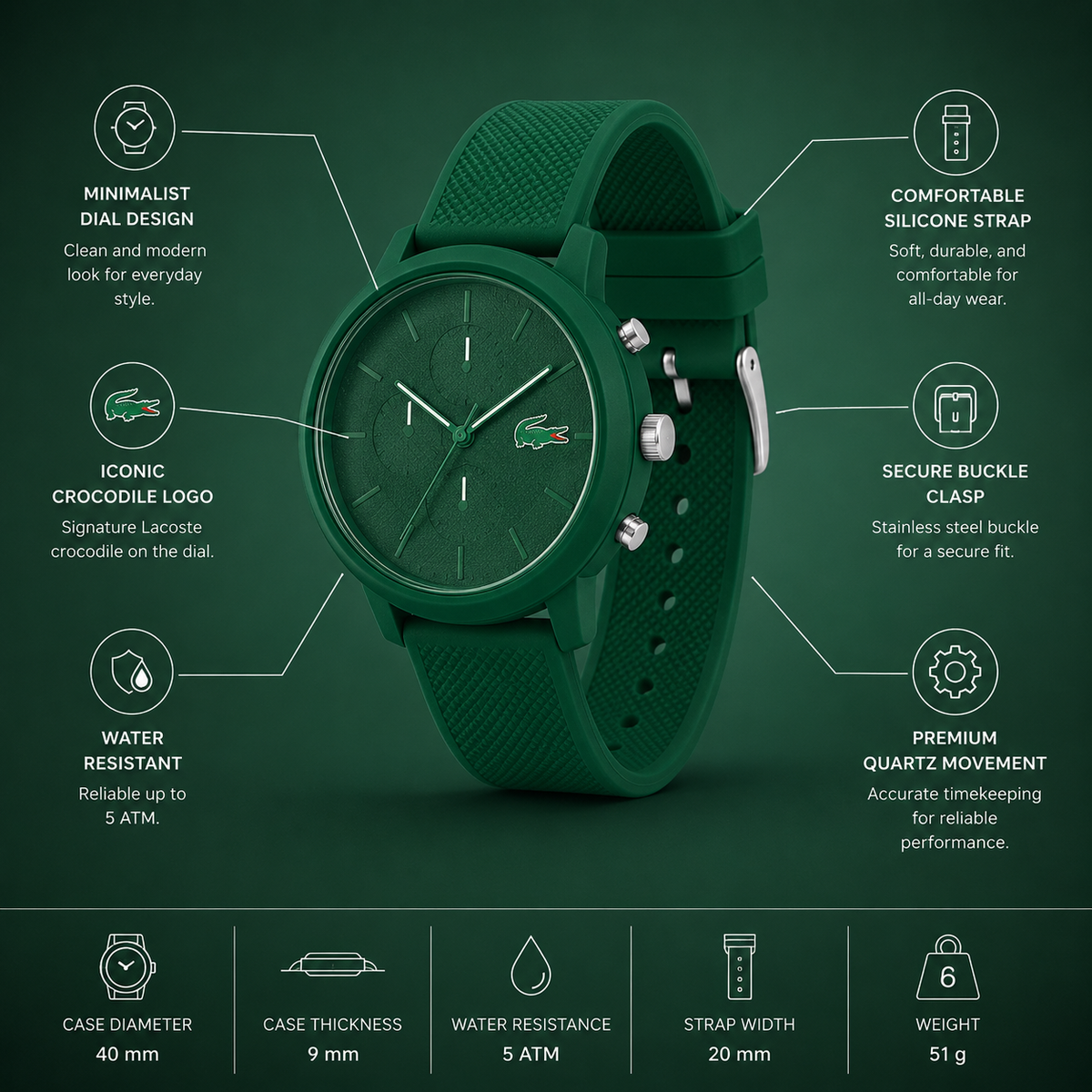 Lacoste 12.12 Chronograph Green Dial Green Silicon Strap Watch for Men - 2011245