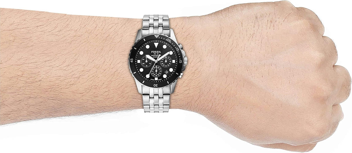 Fossil FB-01 Chronograph Black Dial Silver Steel Strap Watch for Men - FS5837
