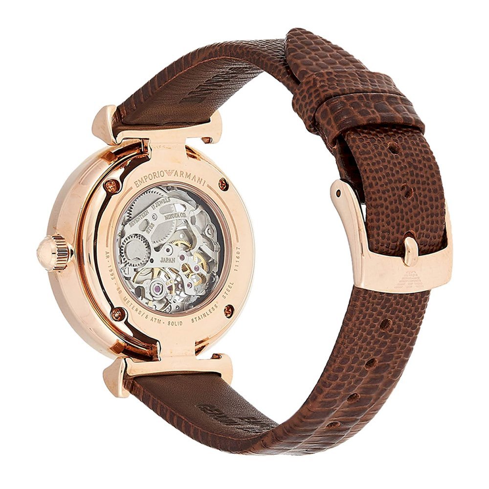  Shop Authentic Emporio Armani Meccanico Skeleton Mother of Pearl Dial Brown Leather Strap Watch For Women - AR1993 - Luxxuri