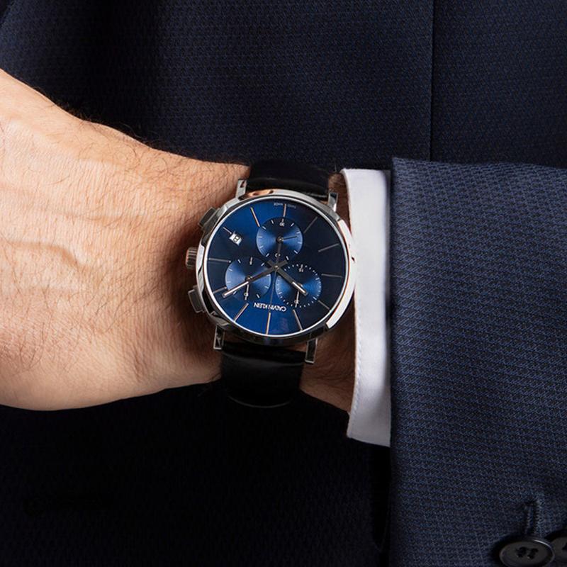  Shop Authentic Calvin Klein Chronograph Blue Dial Black Leather Strap Watch for Men - K8Q371CN - Luxxuri