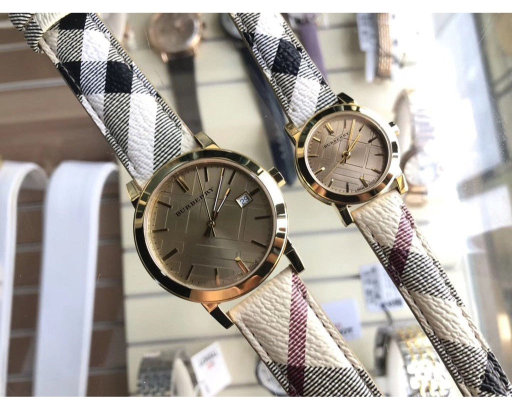  Shop Authentic Burberry The City Gold Dial Haymarket Brown Leather Strap Watch for Women - BU9026 - Luxxuri