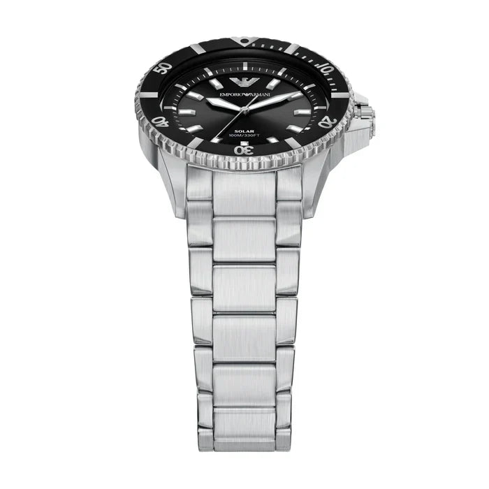 Emporio Armani World Explorer Solar Black Dial Silver Steel Strap Watch for Men - AR11787