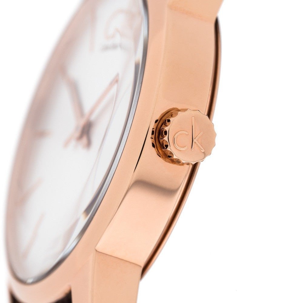  Shop Authentic Calvin Klein City White & Gold Dial Brown Leather Strap Watch For Women - K2G23620 - Luxxuri