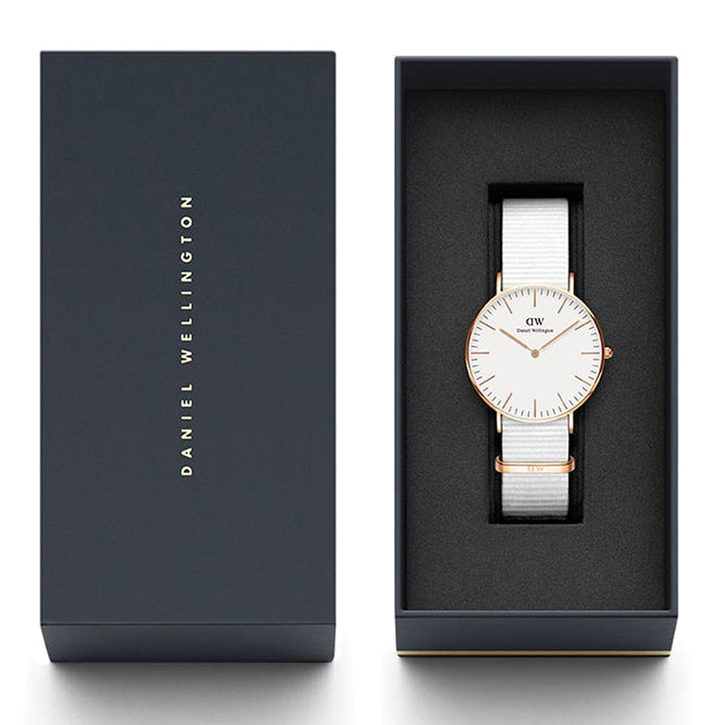  Shop Authentic Daniel Wellington Classic Dover White Dial White Nylon Strap Watch For Women - DW00100309 - Luxxuri