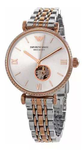 Emporio Armani Meccannico Gianni T-Bar Analog White Dial Two Tone Steel Strap Watch For Women - AR60019