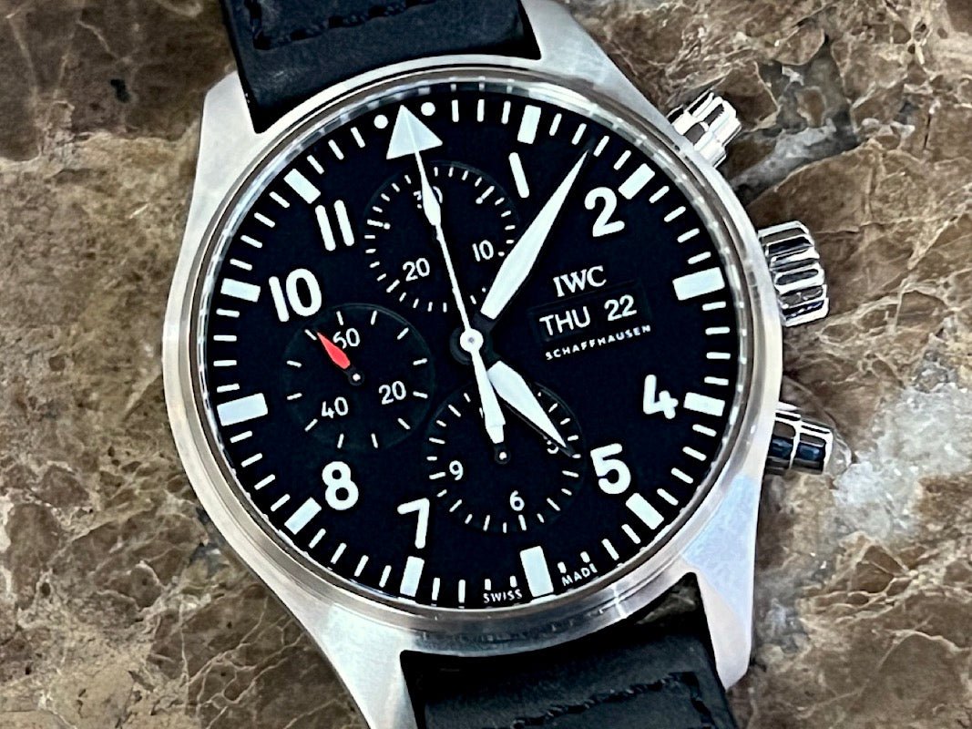  Shop Authentic IWC Pilot's Watch Chronograph Black Dial Black Leather Strap Watch for Men - IW377709 - Luxxuri