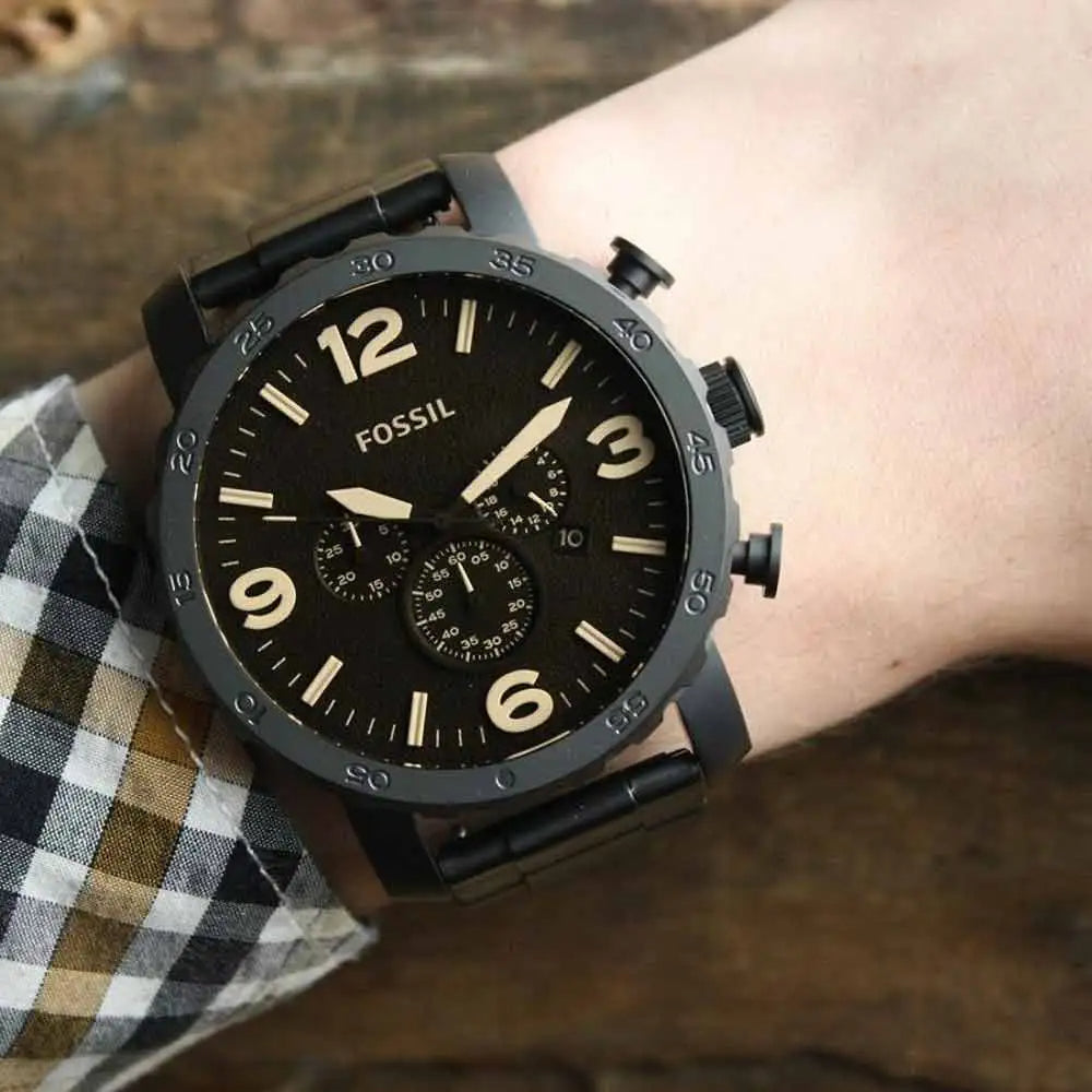 Fossil Nate Chrongraph Ion Plated Black Dial Black Steel Strap Watch for Men - JR1356