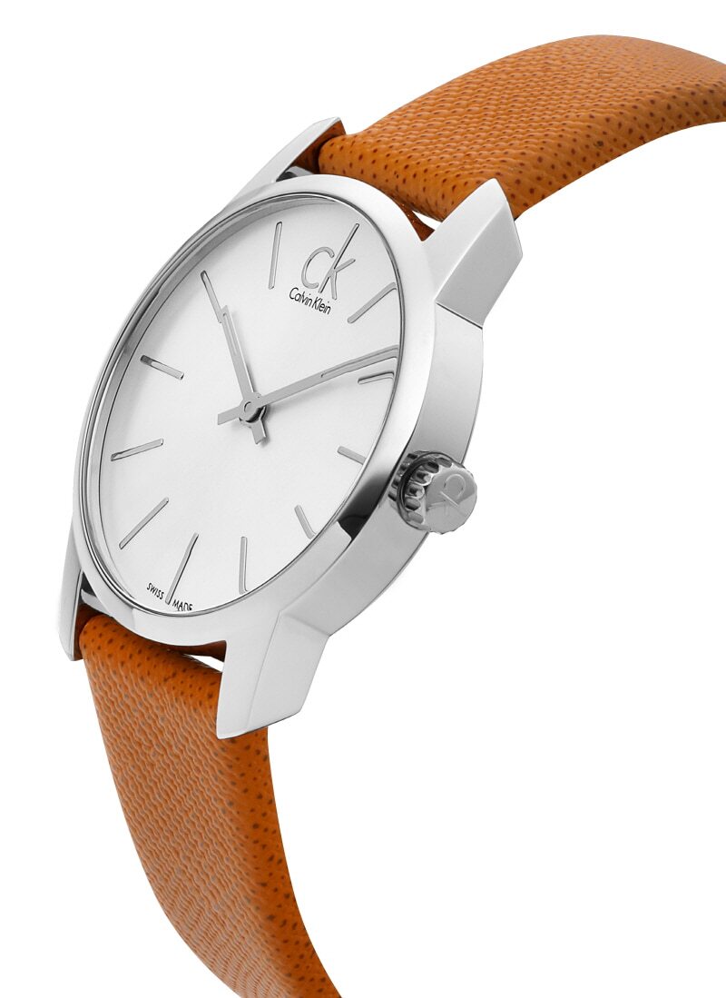  Shop Authentic Calvin Klein City Silver Dial Light Brown Leather Strap Watch For Women- K2G23120 - Luxxuri