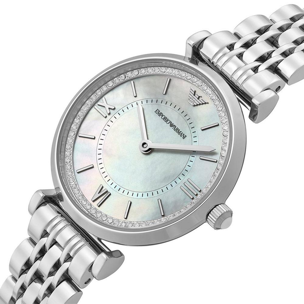 Emporio Armani Gianni T-Bar Mother of Pearl Dial Silver Steel Strap Watch for Women - AR11701