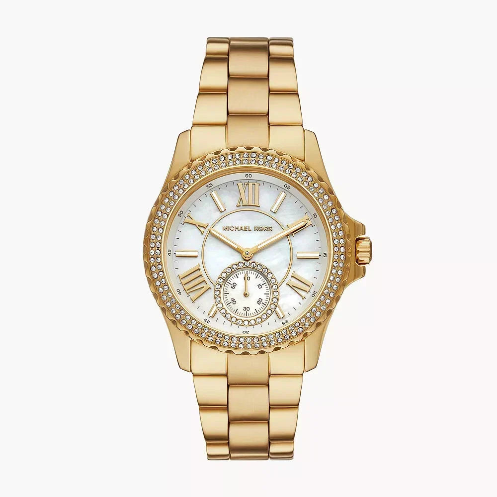  Shop Authentic Michael Kors Everest Three Hand Mother of Pearl White Dial Gold Steel Strap Watch For Women - MK7401 - Luxxuri