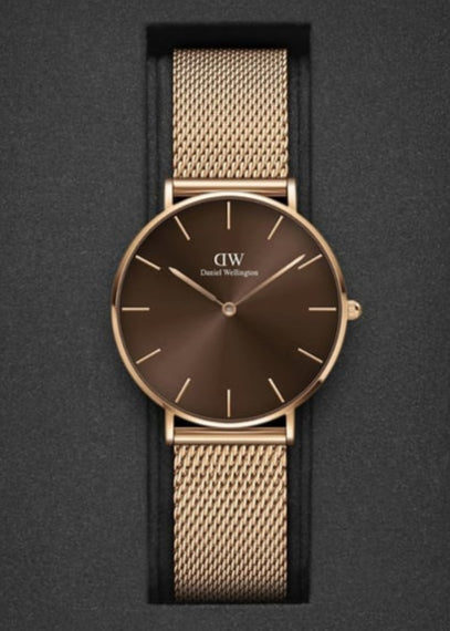  Shop Authentic Daniel Wellington Petite Amber Brown Dial Rose Gold Mesh Strap Watch for Women - DW00100478 - Luxxuri