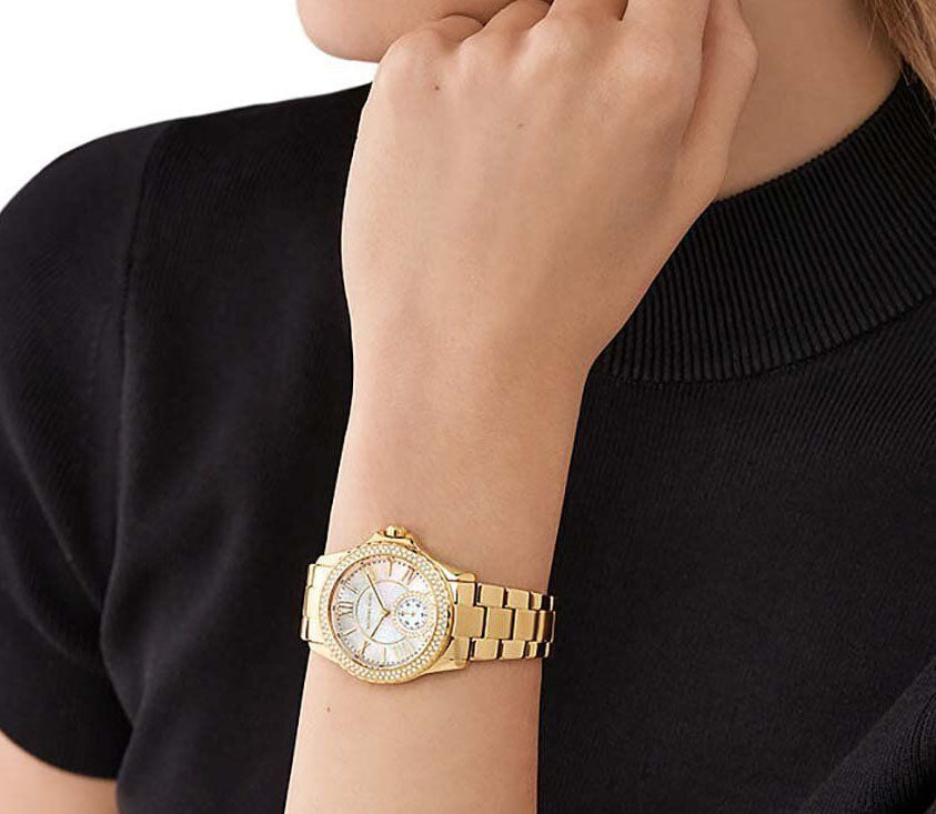  Shop Authentic Michael Kors Everest Three Hand Mother of Pearl White Dial Gold Steel Strap Watch For Women - MK7401 - Luxxuri