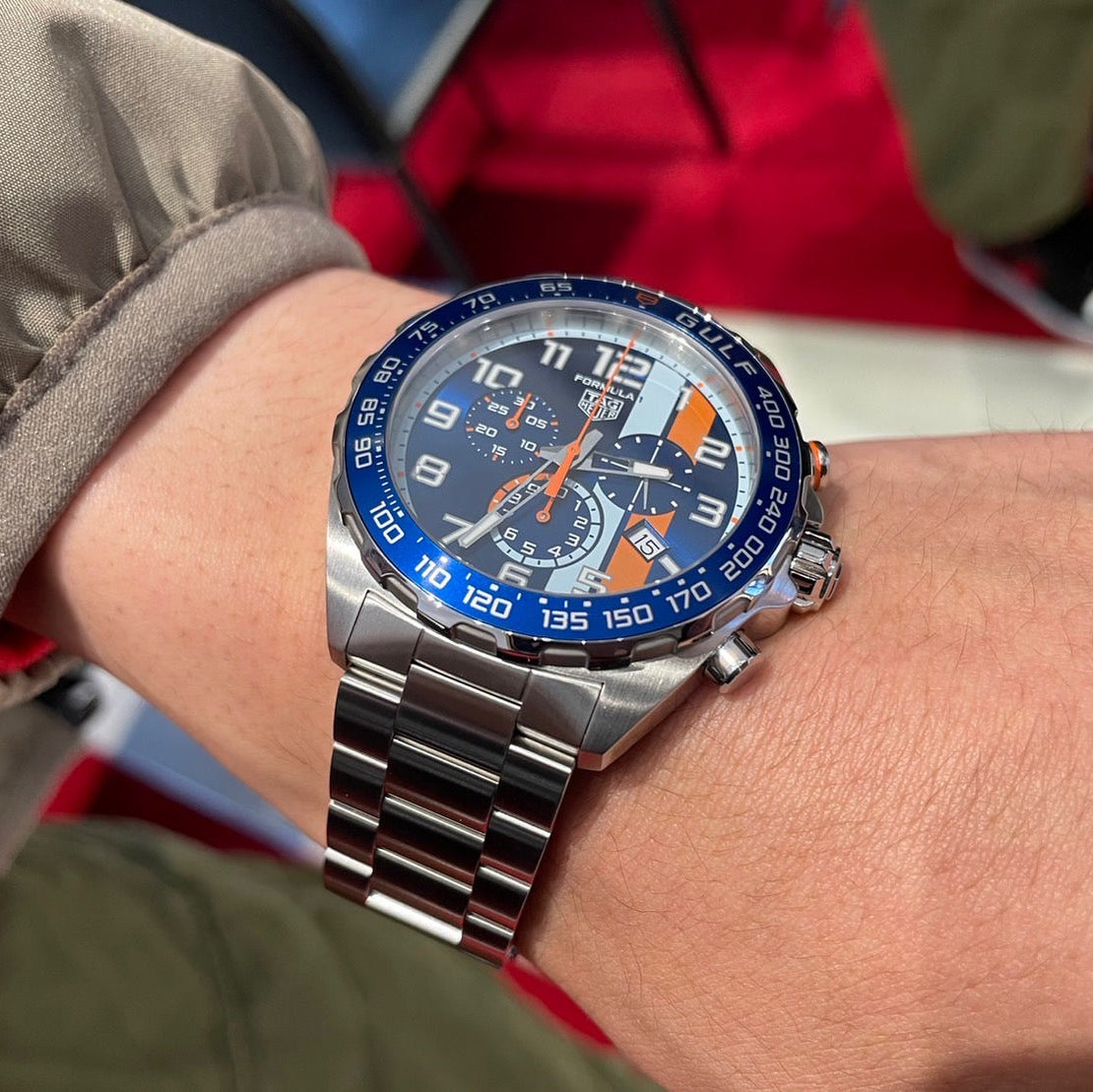  Shop Authentic Tag Heuer Formula 1 Gulf Edition Chronograph Blue Dial Silver Steel Strap Watch for Men - CAZ101AT.BA0842 - Luxxuri