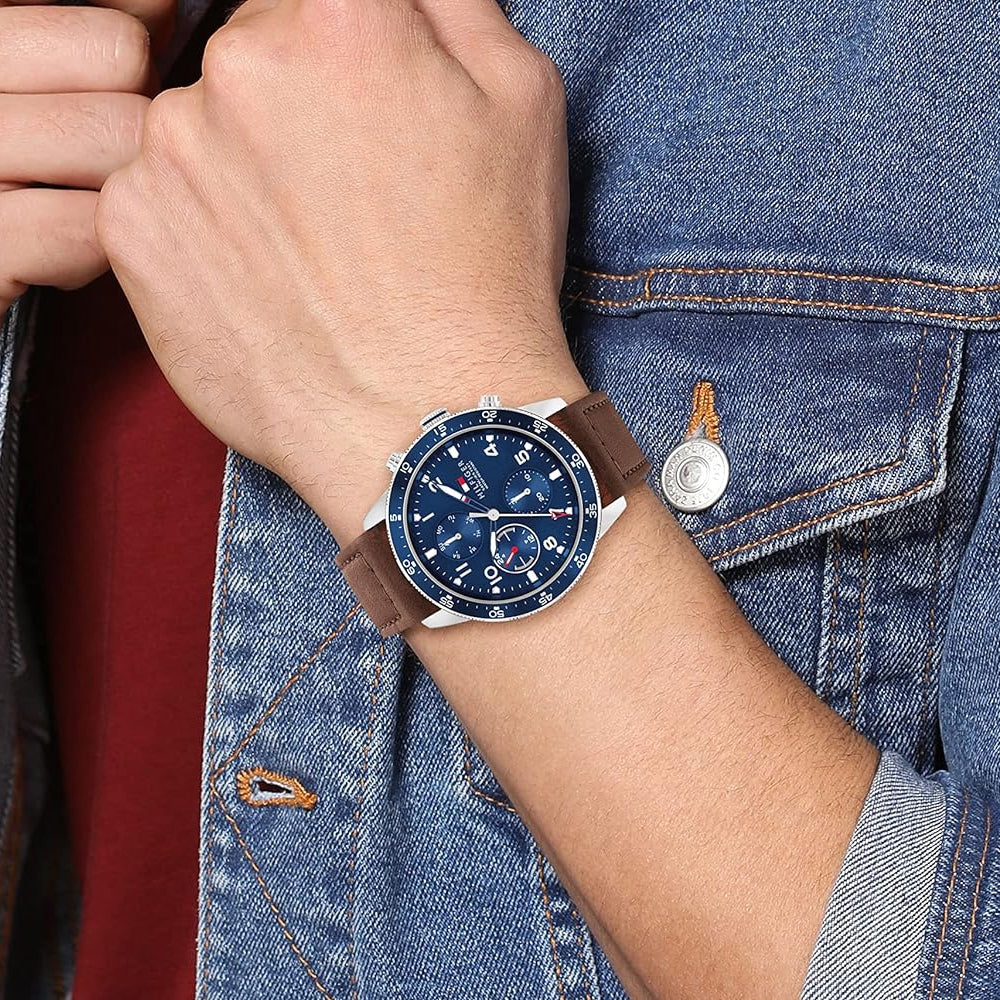  Shop Authentic Tommy Hilfiger Jimmy Chronograph Quartz Blue Dial Brown Leather Strap Watch For Men - 1791946 - Luxxuri