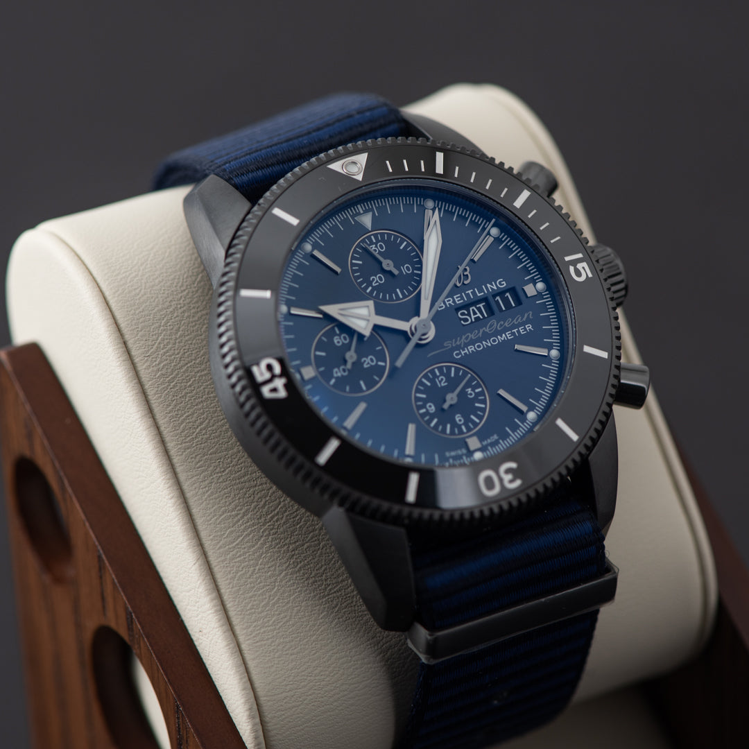 Breitling Superocean Heritage Chronograph 44 Outerknown Blue Dial Blue NATO Strap Watch for Men - M133132A1C1W1