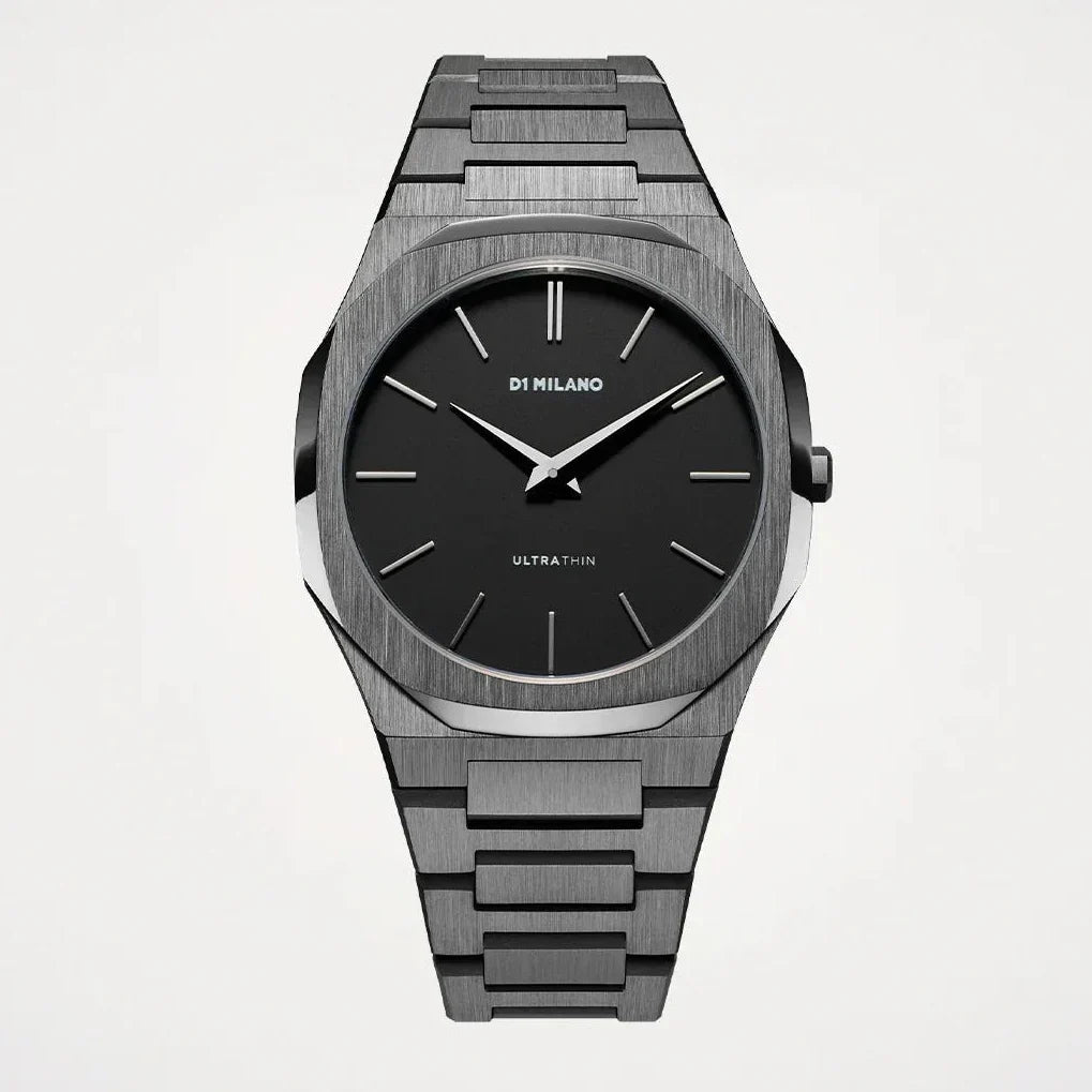 D1 Milano Ultra Thin Re-Gun Black Dial Gray Steel Strap Watch for Men - D1-UTBJ41