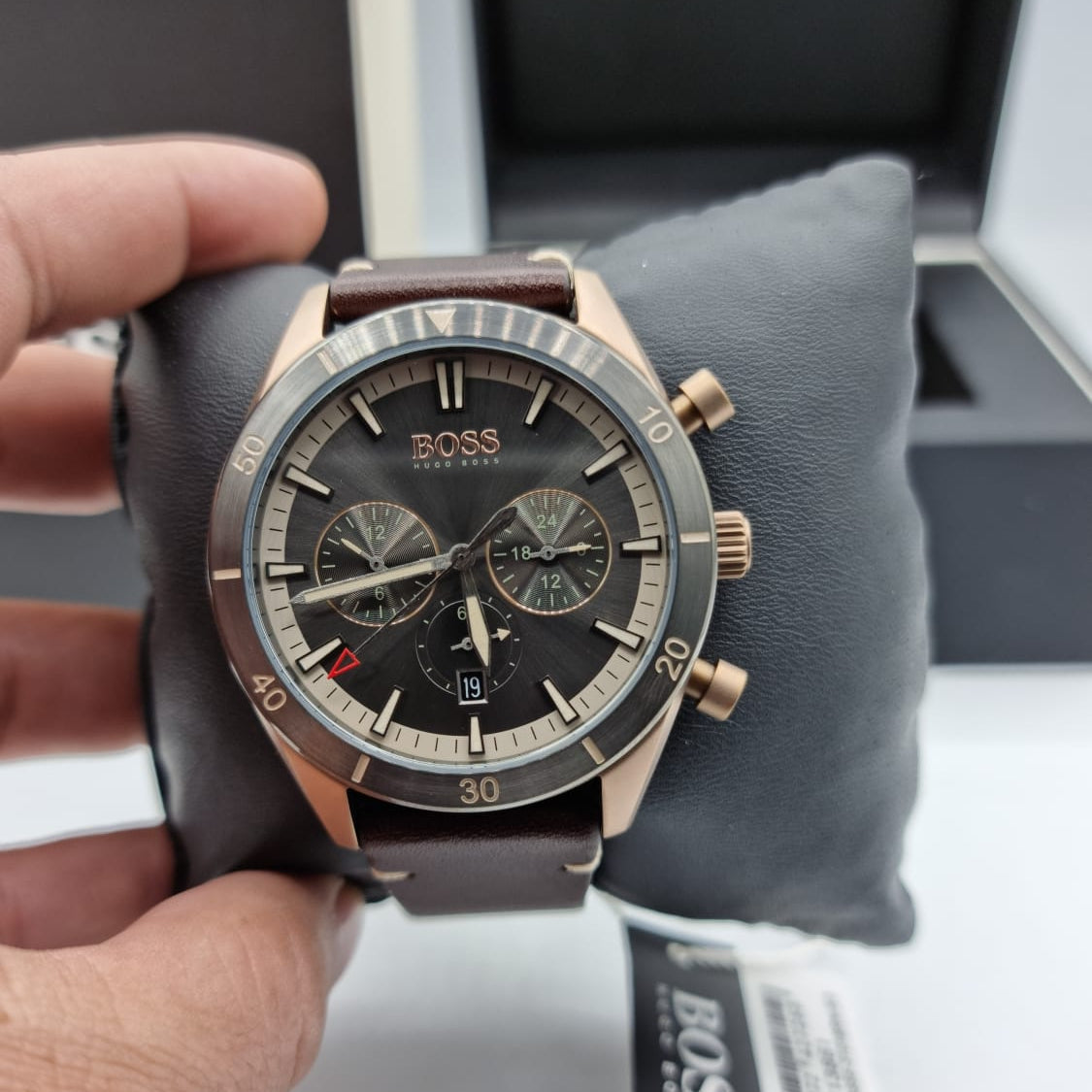  Shop Authentic Hugo Boss Santiago Grey Dial Brown Leather Strap Watch for Men - 1513861 - Luxxuri