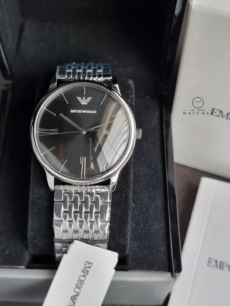 Emporio Armani Minimalist Black Dial Silver Steel Strap Watch for Men - AR11600