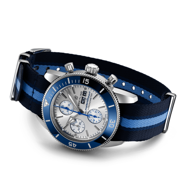 Breitling Superocean Heritage Chronograph 44 Ocean Conservancy Silver Dial Two Tone NATO Strap Watch for Men - A133131A1G1W1