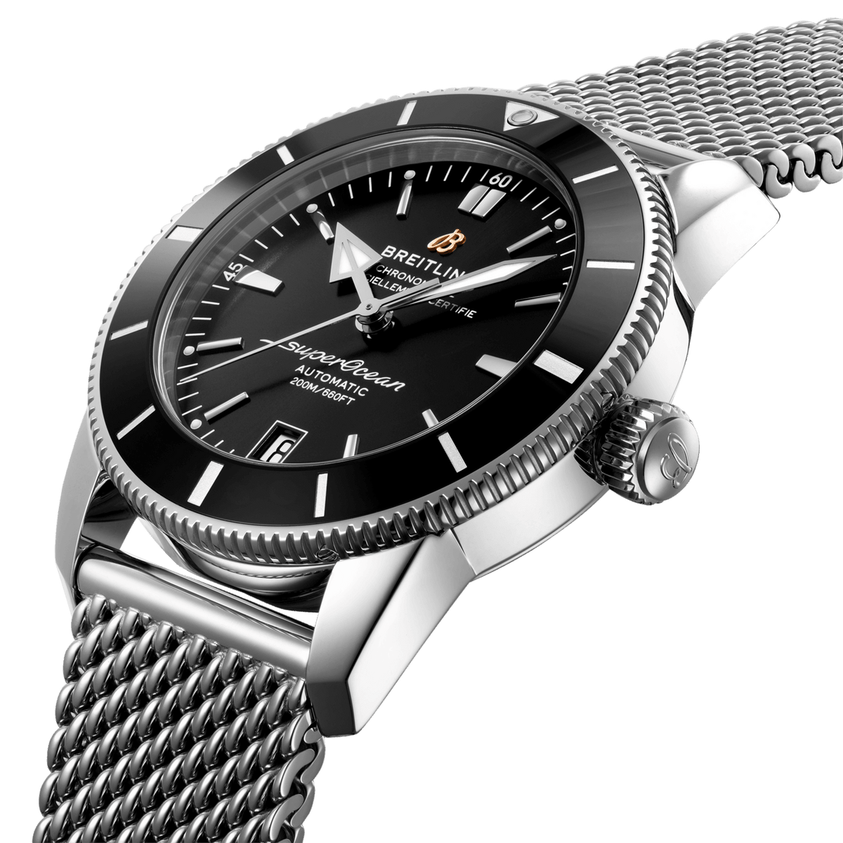 Breitling Superocean Heritage B20 Automatic 46 Black Dial Silver Mesh Bracelet Watch for Men - AB2020121B1A1