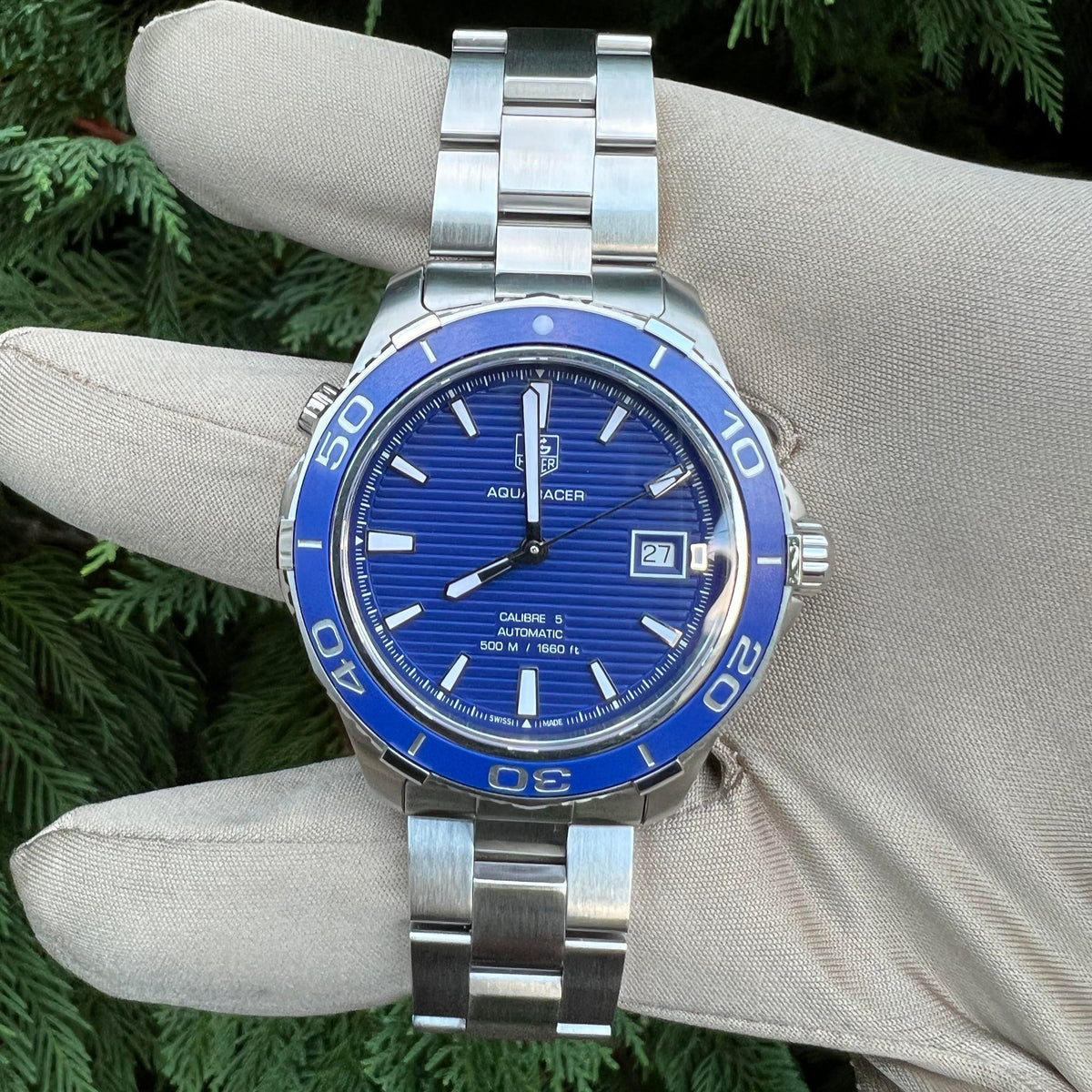  Shop Authentic Tag Heuer Aquaracer Calibre 5 Automatic Blue Dial Silver Steel Strap Watch for Men - WAK2111.BA0830 - Luxxuri