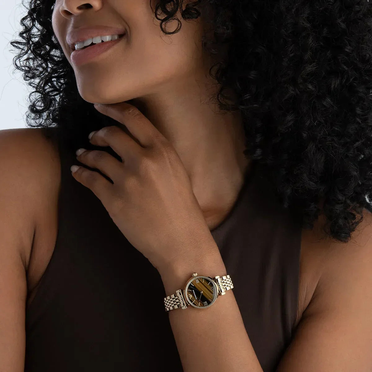 Emporio Armani Gianni T-Bar Brown Dial Gold Steel Strap Watch for Women - AR11703