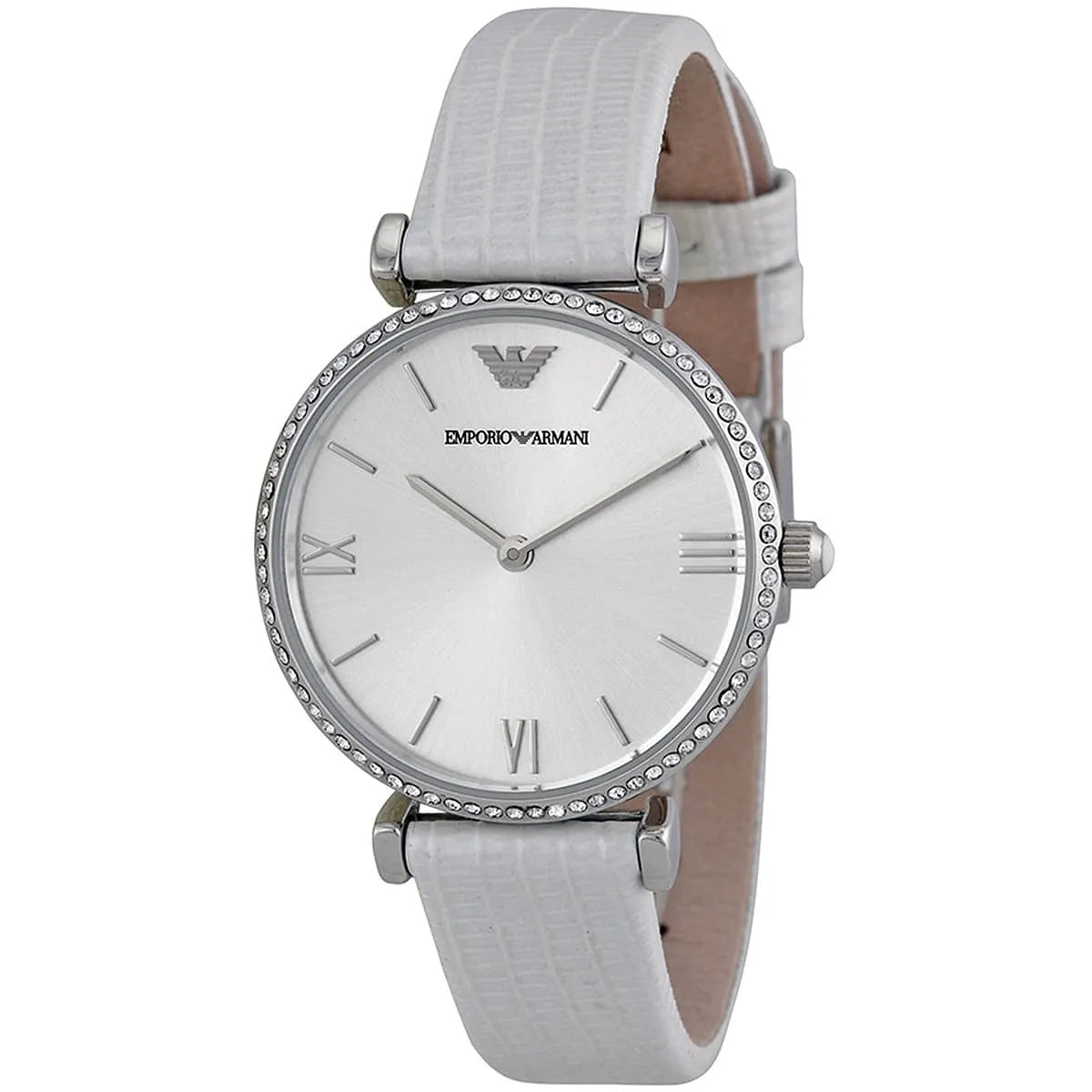 Emporio Armani Gianni T-Bar Silver Dial White Leather Strap Watch for Women - AR1680