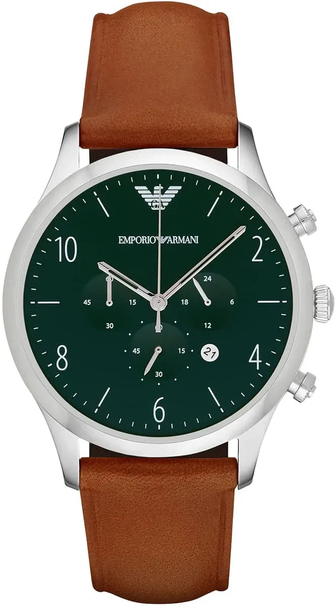 Emporio Armani Beta Chronograph Green Dial Brown Leather Strap Watch for Men - AR1941