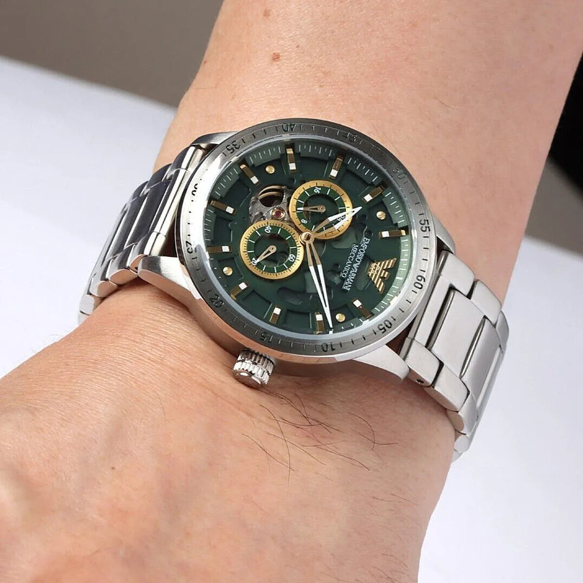 Emporio Armani Meccanico Automatic Green Dial Silver Steel Strap Watch For Men - AR60053