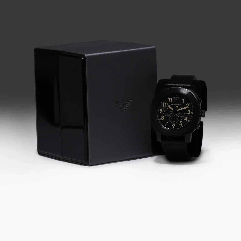 Emporio Armani Sportivo Chronograph Black Dial Black Leather Strap Watch for Men - AR6061