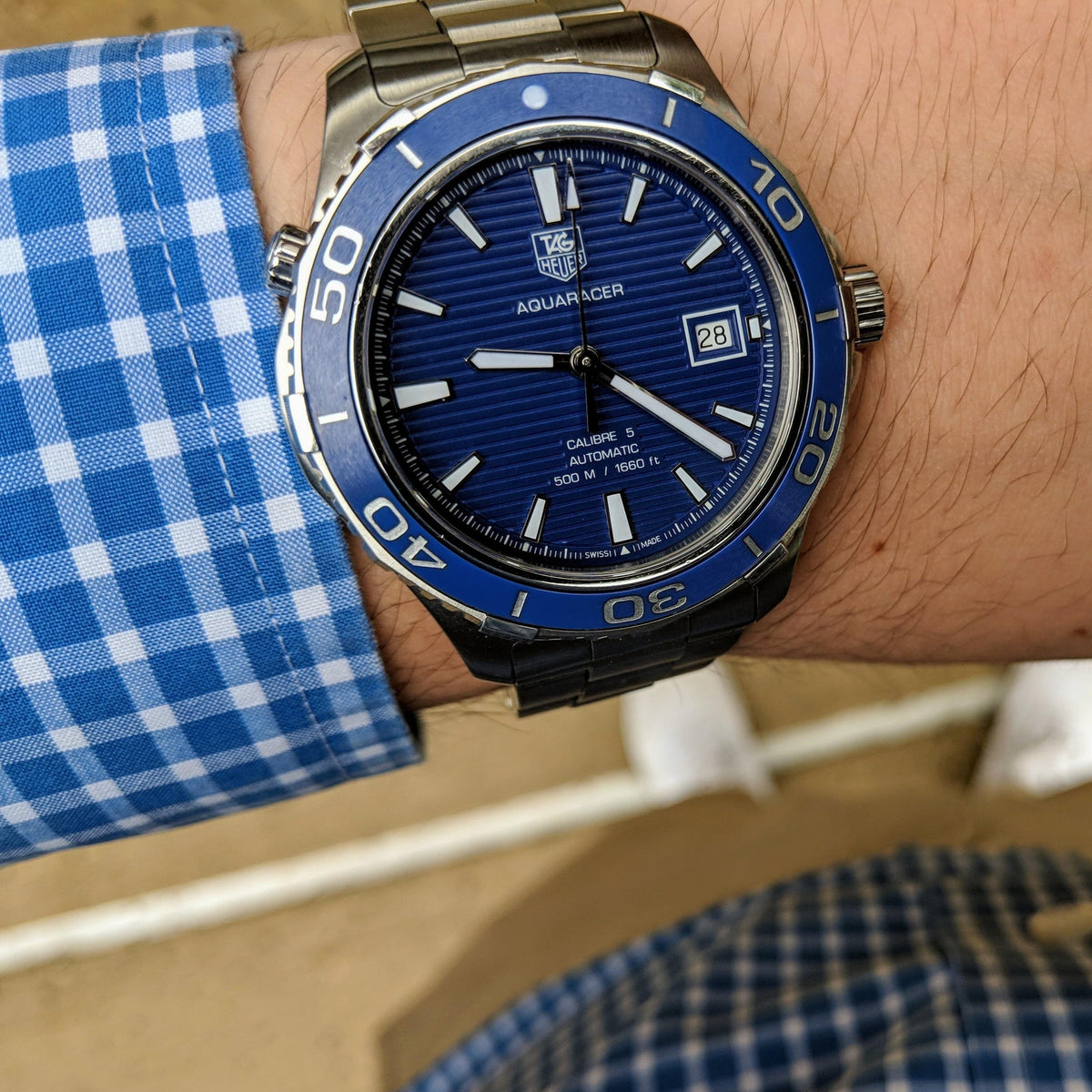  Shop Authentic Tag Heuer Aquaracer Calibre 5 Automatic Blue Dial Silver Steel Strap Watch for Men - WAK2111.BA0830 - Luxxuri