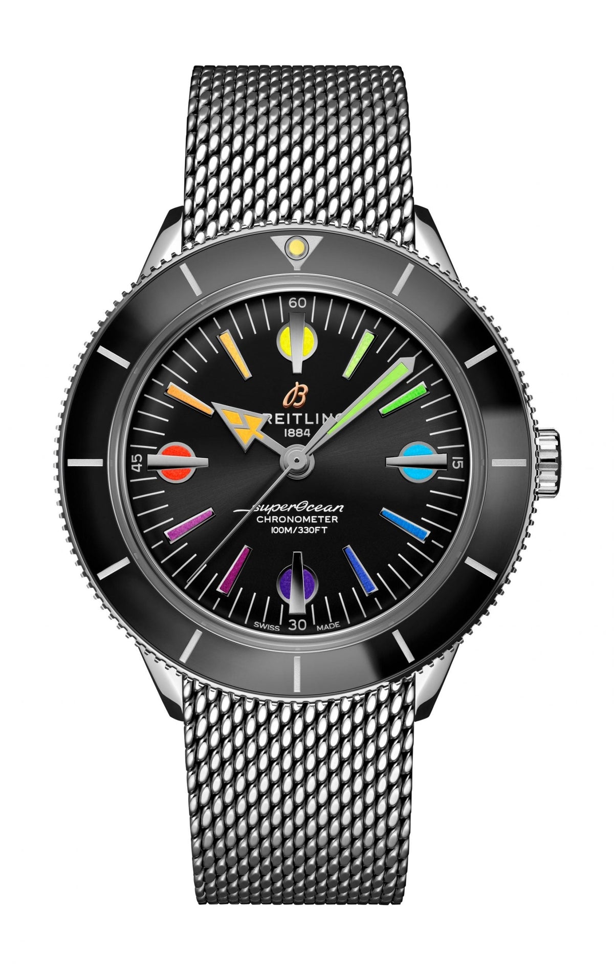 Breitling Superocean Heritage '57 Black Dial Silver Mesh Bracelet Watch for Men - A103701A1B1A1