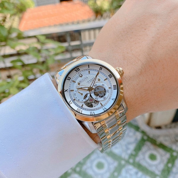  Shop Authentic Bulova BVA Skeleton Silver Dial Two Tone Steel Strap Watch for Men - 98A230 - Luxxuri