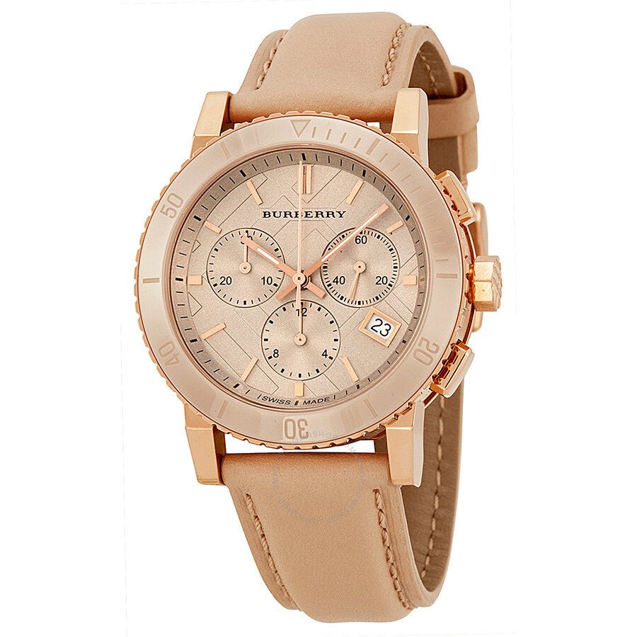  Shop Authentic Burberry Chronograph Rose Gold Dial Beige Leather Strap Watch for Women - BU9704 - Luxxuri