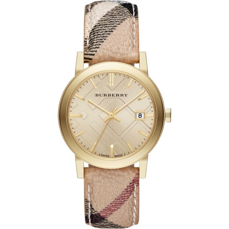  Shop Authentic Burberry The City Gold Dial Haymarket Brown Leather Strap Watch for Women - BU9219 - Luxxuri