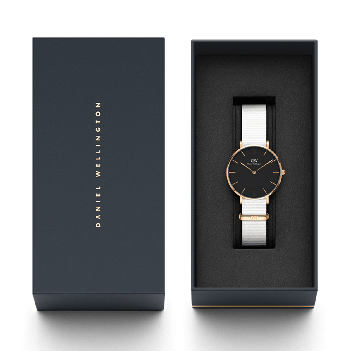  Shop Authentic Daniel Wellington Classic Petite Dover Black Dial White NATO Strap Watch For Women - DW00100312 - Luxxuri