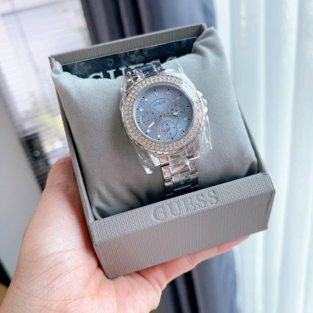 Guess Crown Jewel Diamonds Blue Dial Silver Steel Strap Watch for Women - GW0410L1