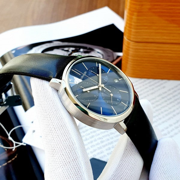  Shop Authentic Calvin Klein Chronograph Blue Dial Black Leather Strap Watch for Men - K8Q371CN - Luxxuri