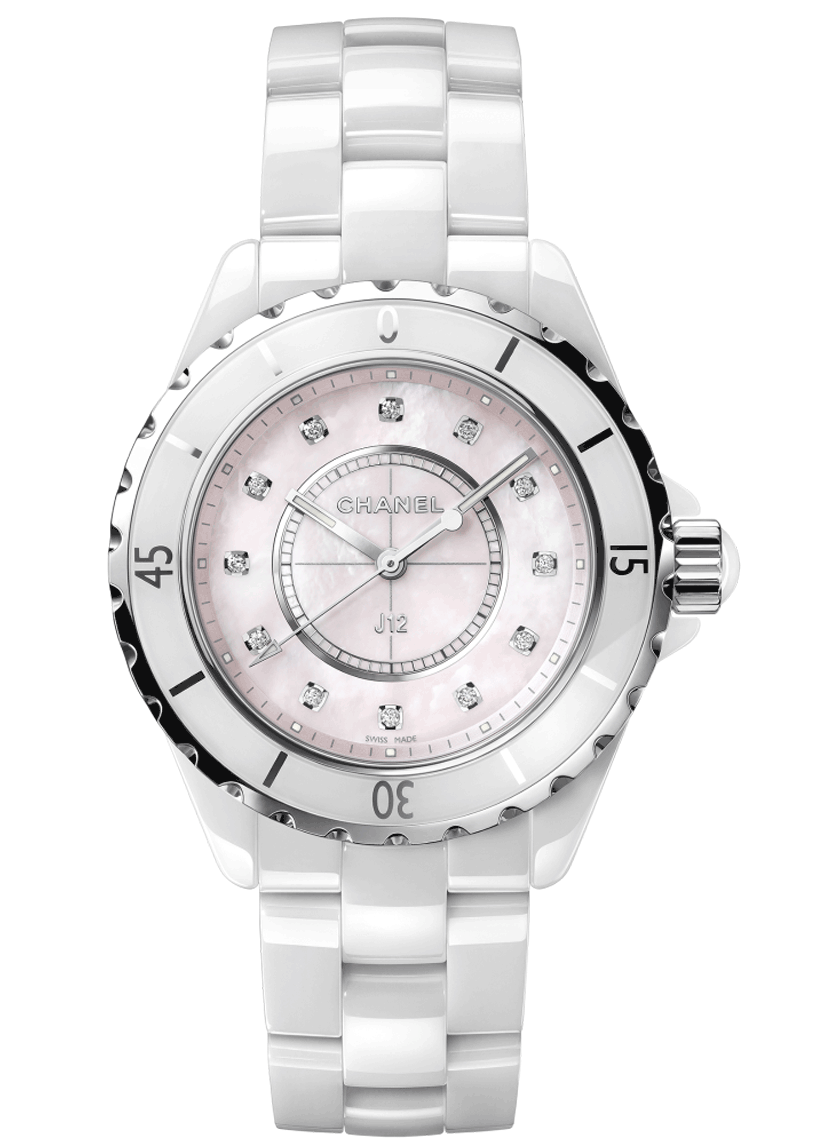  Shop Authentic Chanel J12 Quartz Diamonds Pink Dial White Steel Strap Watch for Women - J12 H5513 - Luxxuri