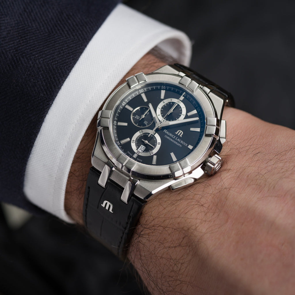  Shop Authentic Maurice Lacroix Aikon Chronograph Black Dial Black Leather Strap Watch for Men - AI1018-SS001-330-1 - Luxxuri